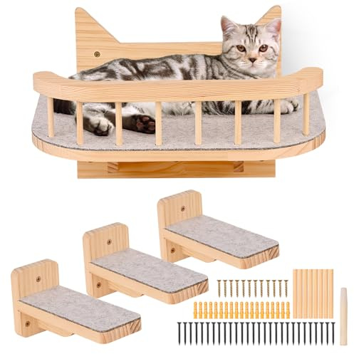 Wall Mounted Cat Hammock With 3 Steps, Wooden Cat Shelves and Perches, Cat Wall Climbing Shelf Furniture Indoor, Felt Pad Covered, Scratching Post for Sleeping and Playing