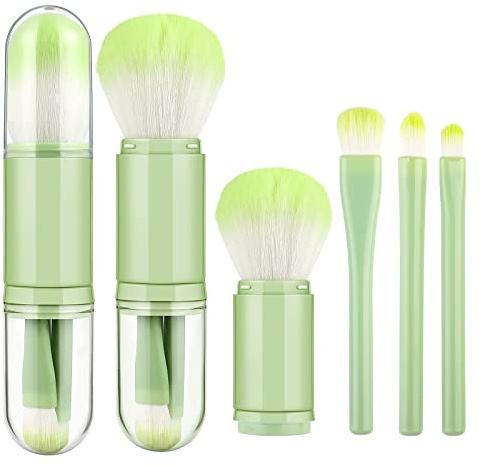 Set di pennelli da trucco, 4 in 1 retrattili pennelli trucco viaggio, portatili pennelli make up, per cipria, ombretto, piccoli pennelli makeup multifunzionali da viaggio (verde)