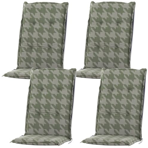 BURI 4X Auflagen Set Hochlehner für Gartenstühle 120x48x7cm Sesselauflagen Polster UV Lichtecht - Gartenstuhlauflagen Karo Muster Stuhlkissen mit Dicker Schaumstoff Füllung (Grün)