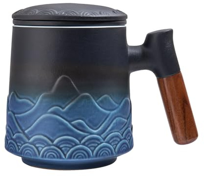 Zenoza Teetasse mit Deckel und Sieb, 500ml Teetassen Groß, Tasse mit Teesieb Henkel, Teebecher Keramik Handgemacht, Geschenk für Teeliebhaber, Blaue