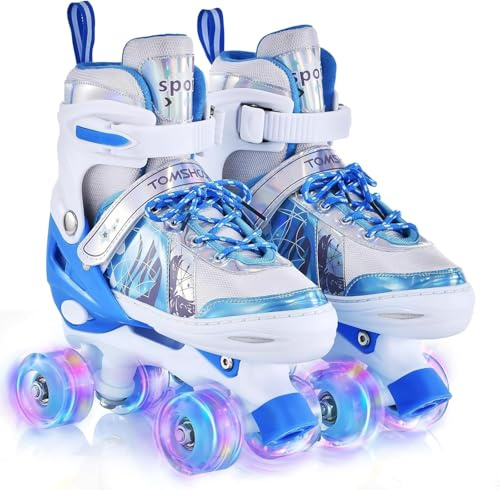TOMSHOO Pattini a rotelle per bambini, con 4 misure, regolabili, ruote a LED, diverse misure, per regali di Natale e compleanno, taglia S, blu