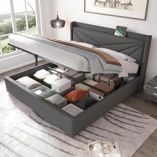 Ymkua Polsterbett Doppelbett 180x200 cm, Bett mit Stauraum und Lattenrost, Stauraumbett mit USB Typ C-Port Kopfteil, Jugendbett Hydraulisch Bettgestell mit Bettkasten, Leinen, Grau, Ohne Matratze