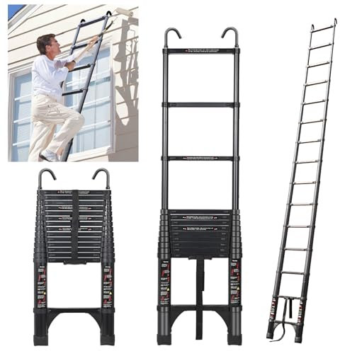 JADDUO Échelle Télescopique 4,4m, échelle Pliante en Aluminium avec Crochets,Marchepieds escamotables,Aluminium Échelle multifonctionnelle Charge 150kg,Espacement des Marches 30cm,Noir