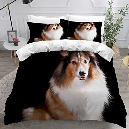 Collie Set di biancheria da letto matrimoniale in morbida microfibra 3 pezzi copripiumino chiusura cerniera stampa cane piccolo matrimoniale