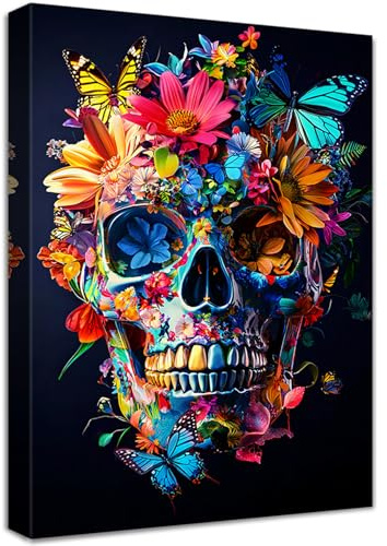 Wooden Framed Canvas Wall Art Colorful Flowers Skull Painting on Canvas Print Poster Chrysanthemum Floral Butterflies Skeleton Black Picture for Living Room Home Corridor Bar Party Wall Decor 40x60cm