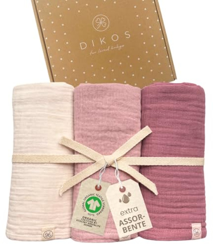 DIKOS Baby Mulltücher 3er Set – Musselintücher aus Bio-Baumwolle 64×64 cm | Premium Spucktücher für Neugeborene (GOTS & OEKO-TEX) – weich, saugstark – Babygeschenk zur Geburt für Mädchen (Beere)