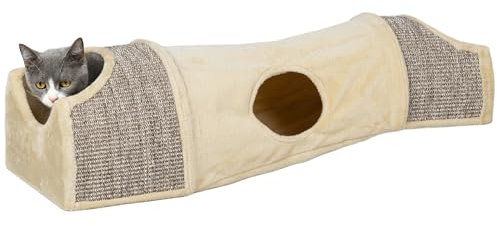 PawHut Katzentunnel, Katzenspielzeug mit 2 Häuschen, 3 Öffnungen, Faltbarer Spieltunnel aus Sisal, Plüsch, Kombiniertes Design, Beige+Grau, 107 x 38 x 29 cm