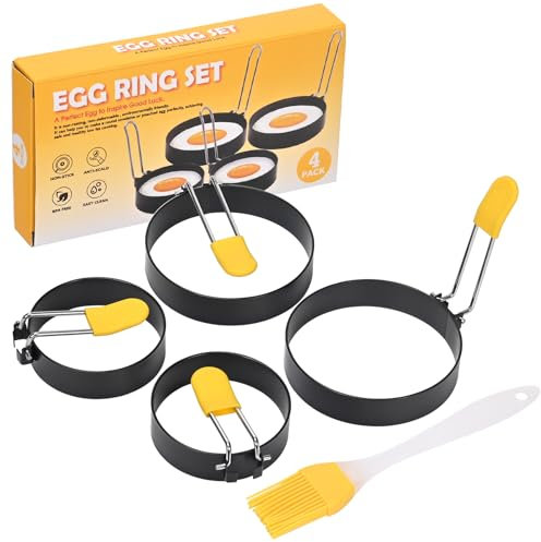 Stampo per frittata in confezione da 4, macchina per frittata in acciaio inossidabile, stampo per anello per frittata antiaderente con pennello e manico antiscottatura, adatto per frittata, pancake