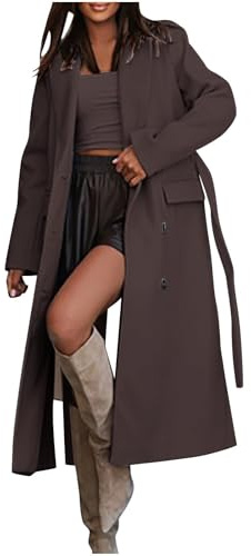 Trenchcoat dam lång | övergångskappa dam vattentät vindtät jacka enfärgad revers övergångskappa med justerbart bälte elegant kappa mode rock vinterjacka fritidsjacka utomhusjacka, BRUN, M