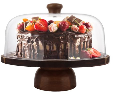 GBACHOOSE Cake Stand with Dome Lid, 11 inch Acacia Wood Cake Plate with Acrylic Cover, Wooden Cake Display Stand with Removable Small Bowl Base for Birthday Wedding Party