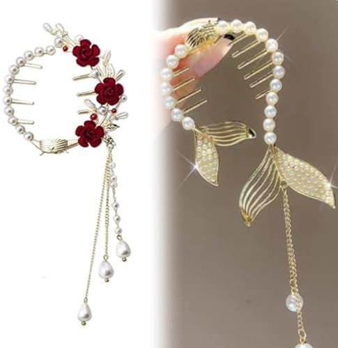 ZORTVUL 2 Stück Perle Rose Haarklammer Quaste Pille Haarspangen Damen Modisch Elegant Metall Haarspange Pferdeschwanz Schnalle Vintage Rot Rose Blumen Perlen Haarklammern Für Frauen Mädchen