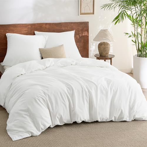 BEDSURE Ropa de cama de 220 x 240 cm, algodón de 3 piezas, color blanco, funda nórdica con 2 fundas de almohada de 80 x 80 cm, textura similar al lino lavado, Öko-Tex, juego de cama con cremallera