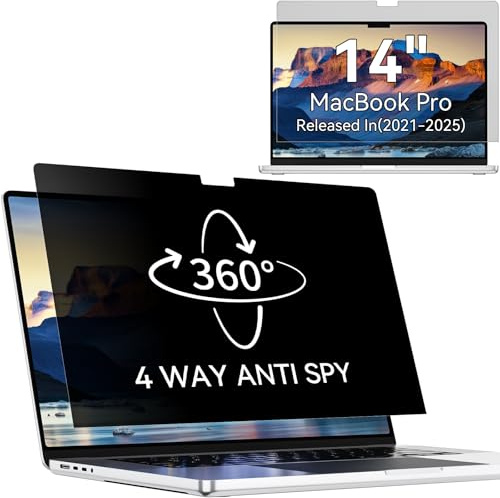360° Ecran Confidentialité pour MacBook Pro 14 (2021-2026, M1,M2,M3,M4,M5) | Protection Ecran Anti Espion Reflet Anti-Lumière Bleu Sans Bulles pour Mac Pro 14
