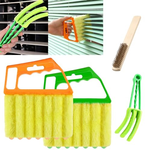 4-Piece Blind Cleaner Tool Set, Venetian Blind Cleaner Brushes and Wooden Handle Copper Wire Rust Removal Brush, Duster for Blinds, Wooden Slats and Window Tracks
