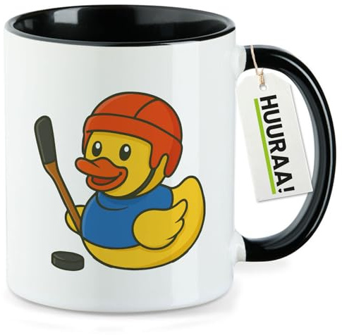 Huuraa Kaffeetasse Quietscheente Eishockey Gummiente Hockey Geschenk | Motivtasse 330ml Schwarz Keramik Tasse mit Spruch Kaffeebecher Geschenkidee Becher mit Motiv