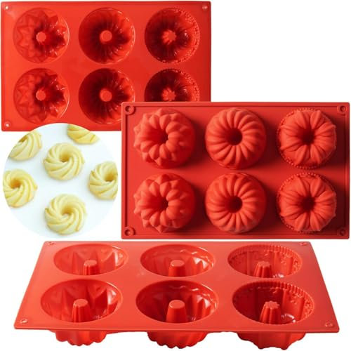 Notcilgias 3 Stück Mini Gugelhupfform, 6 Mulden Kuchenform Rostrot, Wiederverwendbar Antihaft, 28×17 cm, Mikrowellengeeignet für Muffins Brownies Pudding Gelee (Rostrot)