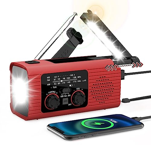 FLITI Radio de Emergencia Portátil - R-adio de Manivela de Energía Solar, Radios de Alarma SOS, con Linterna LED, 3 Métodos de Carga, Radios Am/FM/NOAA con Pilas, Viajes, Ourdoor (Rojo)