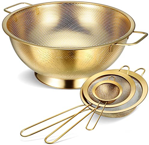 Norme 3 Quart Stainless Steel Gold Colander Gold Fine Mesh Strainer, Stainless Steel Pasta Rice Food Metal Strainer with Handles, Easy Clean and Dishwasher Safe