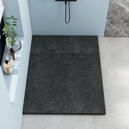 MEDUNJESS Receveur de douche plat 120 x 90 cm en SMC antidérapant - Aspect ardoise - 26 mm - Receveur de douche découpable avec couvercle en SMC - Diamètre 90 mm - Ouverture d'écoulement - Noir (sans