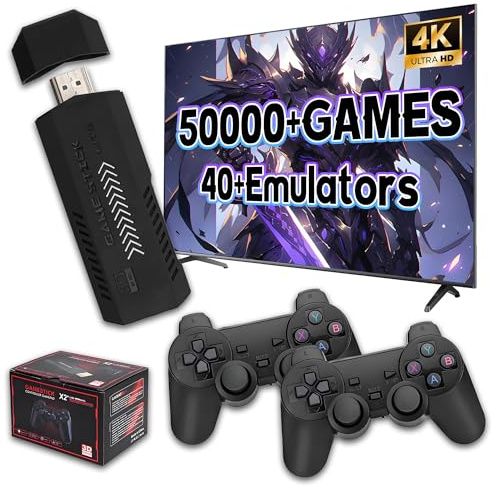 X2 Plus Clé de jeu rétro 4K HD Sortie console de jeu rétro, 50 000 jeux intégrés, plus de 40 simulateurs, processeur S905L quadricœur, clé de jeu vidéo Plug and Play avec 2 manettes sans fil, TV