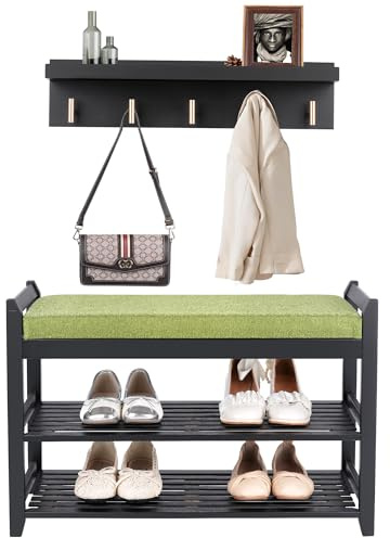 PETKABOO Shoe Rack for Front Door Entrance, 28” Entryway Bench with Coat Rack, Hall Tree Shoe Bench with Storage for Entry, Hallway, Bedroom, Living Room