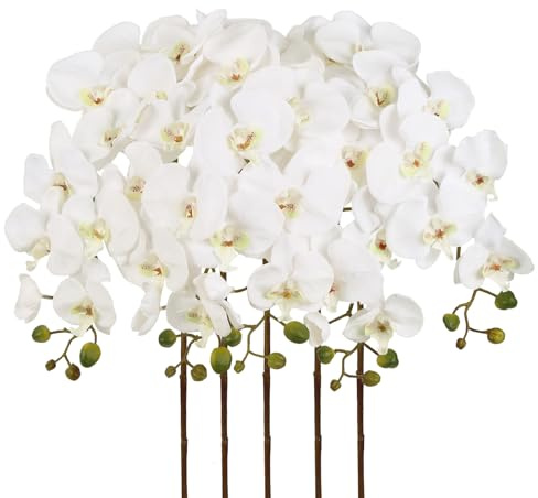 IPOPU 40.16 White Orchid Artificial Flowers 5PCS Fake Orchid Long Stems Phalaenopsis Branches Real Touch Silk Orchids for Vase for Bridal Shower Home Party Wedding Decoration (White)