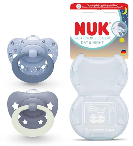 NUK First Choice Classic Day & Night Baby Schnuller | 18-36 Monate | Orthodontische Beruhigungssauger, die im Dunkeln leuchten | 95% Akzeptanz bei Babys** | Blau | 2 Stück