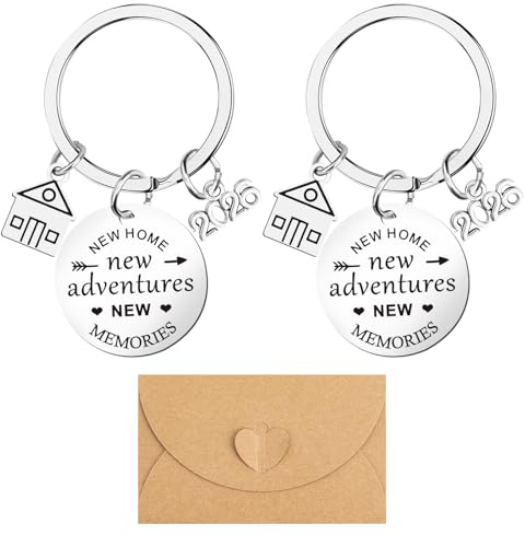 Leikedun Lot de 2 porte-clés « New Home » - Cadeau de pendaison de crémaillère pour couple - Avec enveloppe - Porte-clés pour propriétaire d'enveloppe