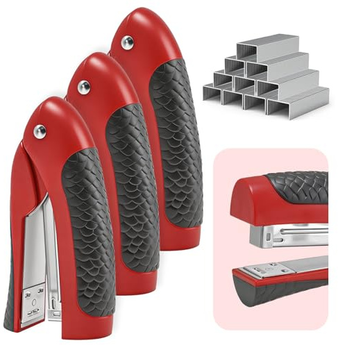 3-Pack Stand-Up Stapler with 3000 Standard 1/4 Staples, Handheld Ergonomic Soft Grip Vertical Flat-Use Desktop Small Compact Stapler for Office, Home, School, Business & Classroom Supplies – Red