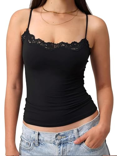 Women Y2k Lace Trim Cami Tops Sleeveless Spaghetti Strap Crop Tank Tops Summer Going Out Camisoles Basic Vest Tops (A-Black, M)