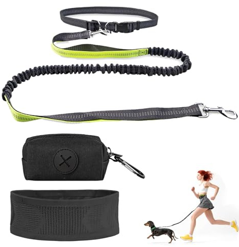 Hands Free Dog Lead with Adjustable Waist Belt and Poop Bag, Dual D-Ring Design Dog Running Lead for Jogging Hiking Canicross Training (Grey)