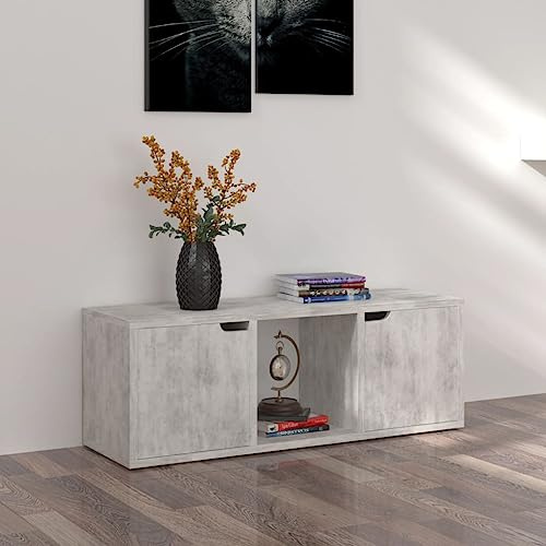 Owoxanthellate TV-Schrank Beton-Optik 88,5 x 27,5 x 30,5 cm Lowboard aus Holzwerkstoff MDF mit 2 Türen und offenem Fach Modernes Design Robuste Konstruktion für Wohnzimmer Schlafzimmer Flur