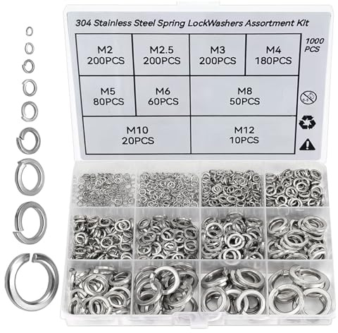 LIULINY 1000 Pièces Assortiment de Rondelles à Ressort, Inoxydable 304 Rondelles Élastiques en Acier Inoxydable Set, Rondelle de Blocage M2 M2.5 M3 M4 M5 M6 M8 M10 M12, Joint Plat pour Vis et Boulons