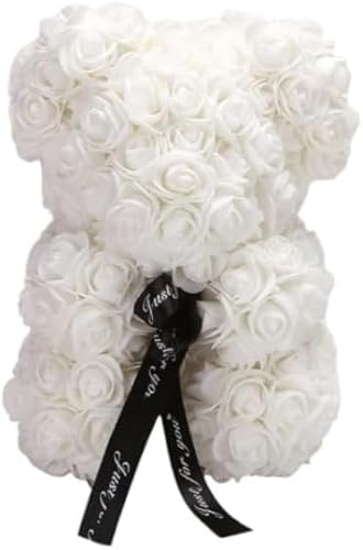 Orso di Rose con cuore rosso 25cm, fatto con Rose, già confezionato regalo per San Valentino, orsetto per fidanzata, Amica, orsacchiotto, teddy bear in Italia (Bianco senza scatola, 25cm)