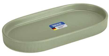 WENKO Ablage Mod. Fablo aus Keramik mit Rillenoptik, freistehend, Badezimmer-Organizer, Badablage, Schmuckschale, dekoratives Tablett für Badezimmer, Schlafzimmer, Wohnzimmer, Büro, grün matt