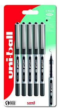 uni-ball UB-150 Eye Black Rollerball Pens. Premium Micro 0.5mm Ballpoint Tip for Super Smooth Handwriting, Drawing, Art, Crafts and Colouring. Fade and Water Resistant Liquid Uni Super Ink. 5 Pack