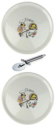 Saturnia XXL Porzellan Pizzateller Speiseteller mit verschiedenen Motiven inkl. Edelstahl Pizzaschneider 2 Stück, Pizzabäcker Ø31cm