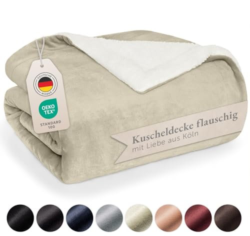 Blumtal Premium Sherpa Kuscheldecke flauschig 220x240 cm - Oeko-Tex zert. Sofa Decke mit Dicker Sherpa-Innenseite - super Flauschige Decke extra dick und wärmend - Cozy Fleecedecke - Sand