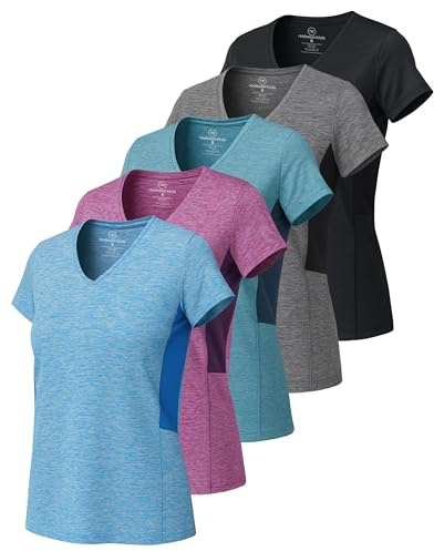 Real Essentials 5 Pack: Women's Dry-Fit Short Sleeve V Neck T Shirt Workout Fitness Yoga Top Tee (Available in Plus Size), Set 4, 2X