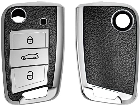 kwmobile Autoschlüssel Hülle kompatibel mit VW Golf 7 MK7 3-Tasten Autoschlüssel - Schlüsselhülle Cover Silber Schwarz