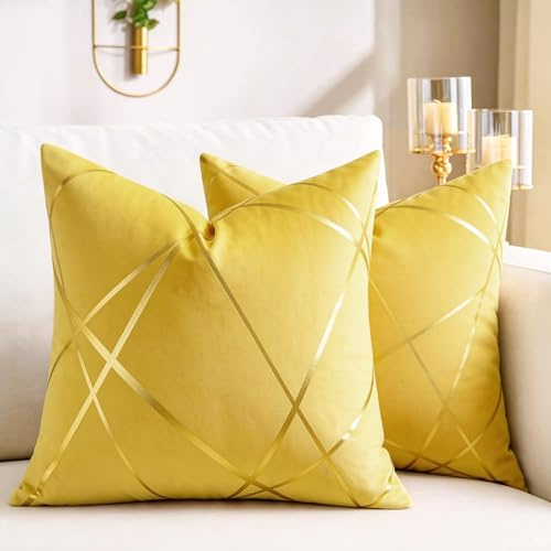DecorMommt 2er Set Gelb Samt Kissenbezug 45x45 cm Weich Kissenhülle mit Verstecktem Reißverschluss Dekorative Wurfkissenbezug für Sofa Kissen Zierkissen Bezug für Schlafzimmer Sofa Bett