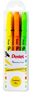 Pentel illumina Flex SLW11 Pochette de 3 Surligneurs bi-pointe, Jaune, Orange et Vert