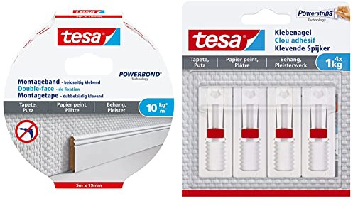 tesa Montageband Tapete&Putz, 10 kg Haltekraft pro Meter - 5 m x 19 mm & Verstellbarer Klebenagel (für Tapeten und Putz 1 kg, Höhenverstellbarer, selbstklebender Wandnagel, bis zu 1 kg) 4er Pack