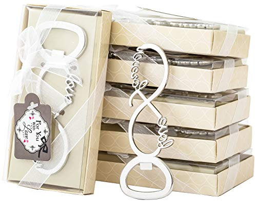 50 piezas Love Forever abrebotellas para bodas, fiestas, regalos de despedida de soltera, regalos de devolución o decoraciones de baby shower y recuerdos con caja de regalo (plata)
