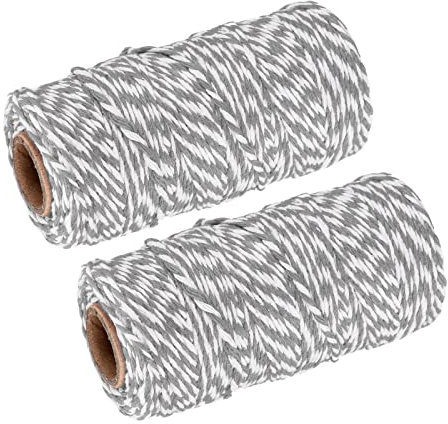 sourcing map Cordel Embalaje Cuerda Envoltura Algodón Cordel 100M/109 Yardas Gris y Blanco Cuerda para Regalo Envoltura, Navidad Cordel, Paquete de 2