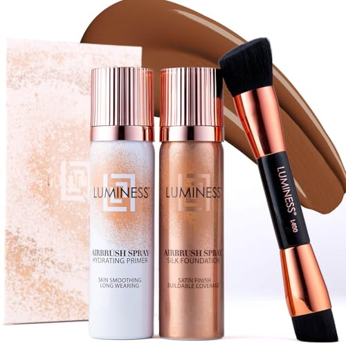 LUMINESS Airbrush Spray Silk Foundation Starter Kit - Deep - Foundation, Primer & Dual-Sided Angled Buffing Brush - Medium, Buildable Coverage, Anti-Aging Formula Hydrates & Moisturizes
