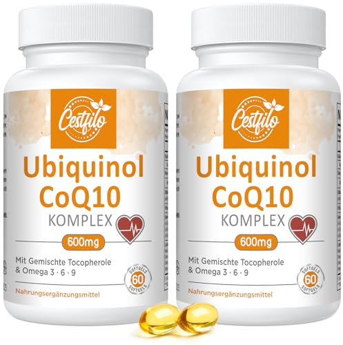 Ubiquinol CoQ10 600 mg cápsula blanda - Forma activa de CoQ10 más vitamina E y omega 3 6 9 - Suplemento antioxidante avanzado de coenzima Q10 para el corazón y el cerebro (60 unidad (Paquete de 2))