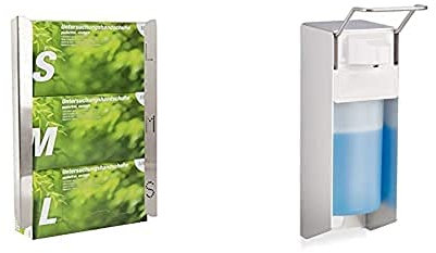 Teqler T-128943 Handschuhspender Edelstahl, 3 Boxen & Relaxdays Eurospender 500 ml, Seifenspender Wandmontage, Desinfektionsmittelspender, Bügel-Mechanik, weiß