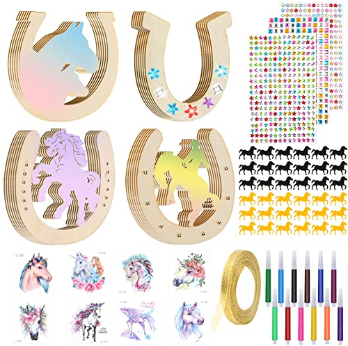 Weysoo Hufeisen Holz, 49 Stück für Kindergeburtstag Mit Pferd Konfetti/Aquarellstift/Glitzersteine/Glitzerbändern/Tattoo Stickers, Zum Bemalen für Kinder Party, DIY - 4 Stile