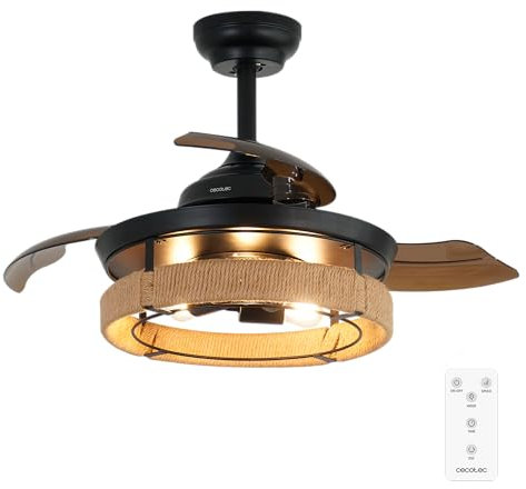 Cecotec Ventilador de Techo con Luz EnergySilence Aero 3600 Invisible Natural Design, Motor DC 25W, Luz LED, 3 aspas retráctiles, 36 pulgadas, Mando, 3 velocidades, temporizador y modo winter/summer